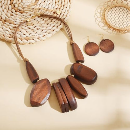 Coiris Chunky Statement Necklace and Earring Sets for Women Boho Wooden Necklaces Earrings Jewelry Set for Women - color: Brown