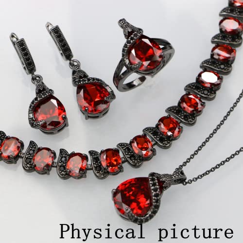 GZWHD Jewelry Set for Women Water Drop Cubic Zirconia Artificial Crystal Earrings Pendant Necklace Open Ring Tennis Bracelet Wedding Anniversary Birthday Engagement Gift for Bridesmaid Wife Girlfriend Friend - color: Black Gun-Garnet