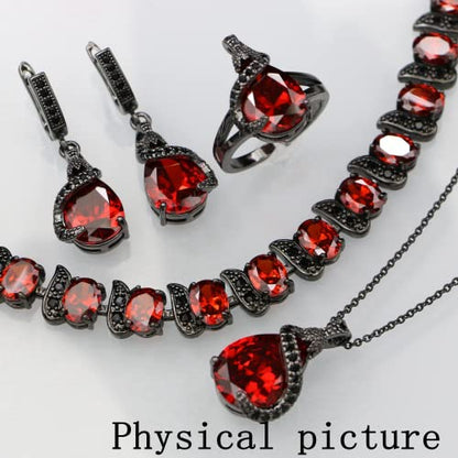 GZWHD Jewelry Set for Women Water Drop Cubic Zirconia Artificial Crystal Earrings Pendant Necklace Open Ring Tennis Bracelet Wedding Anniversary Birthday Engagement Gift for Bridesmaid Wife Girlfriend Friend - color: Black Gun-Garnet