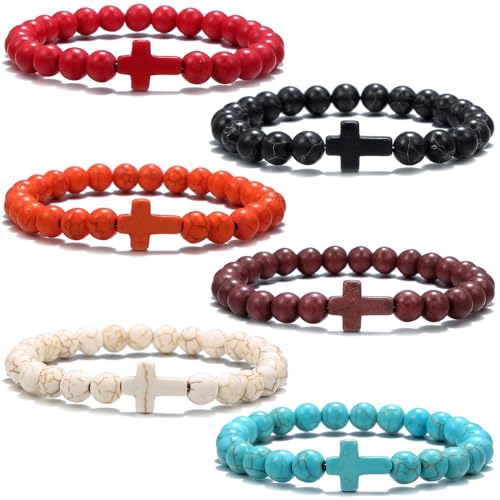 Beaded Bracelets Cross Bracelet for Women Men Lava Rock Turquoise Tiger Eye Natural Bracelet Anxiety Healing - color: 6Pcs-coloured cross 1