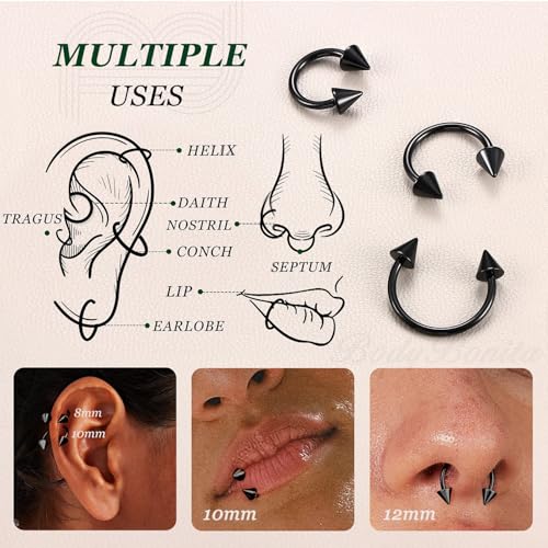 G23 Titanium 14/16/18/20G Septum Rings Horseshoe Nose Ring Jewelry | 2/3Pcs Circular Barbell Spike Lip Body Piercing Jewelry Conch Helix Tragus Earring Silver/Black 8/10/12mm 14K Gold Plated - color: Black-3pcs, size: Spike-3pcs-16g-8/10/12mm