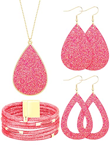 Hicarer 4 Pcs Jewelry Sets for Women Glitter Necklace and Earring Set Multi Layer Bracelet Costume Jewelry Sets for Bridal Shower Wedding - color: Hot Pink