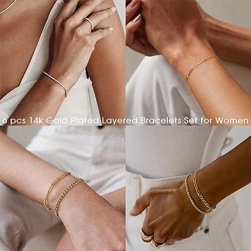 Gold Bracelets for Women, 14K Gold Plated Stackable Bracelet Stack Set Adjustable Charm Paperclip Chain Cuban Link Layered Waterproof Jewelry Sets Gifts for Womens 6.5 Inch - color: Gold 6.5 IN General Wrist