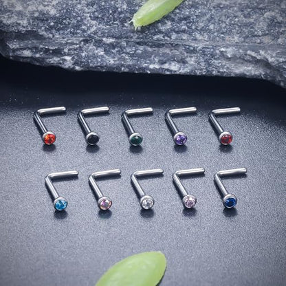 Ruifan ASTM F136 Titanium Nose Rings 18G 20G 22G Jeweled Mix Color Cubic Zirconia Nose Studs Ring Screw L-Shaped Bone Hypoallergenic Body Piercing Jewelry for Women 1.5mm 2mm 2.5mm 3mm 10PCS - style: L-Shaped:18G(1.0mm)-2mm CZ