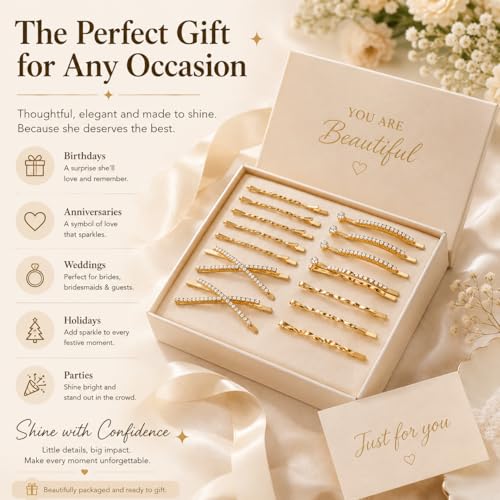 16Pcs Gold Rhinestone Pins Set, Delicate Crystal Hair Clips for Women Girls, Shiny Metal Barrettes Fancy Decorative Hair Accessories for Wedding Prom Party Daily Use