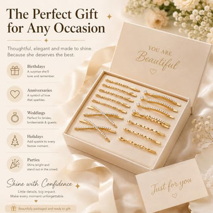 16Pcs Gold Rhinestone Pins Set, Delicate Crystal Hair Clips for Women Girls, Shiny Metal Barrettes Fancy Decorative Hair Accessories for Wedding Prom Party Daily Use