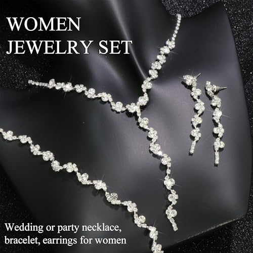 Rhinestone Jewelry Set Crystal Pearl Necklace Bracelet Earrings | Sparkly Necklace Dangle Earrings,Wedding Prom Formal Costume Jewelry Sets for Women - color: Silver3