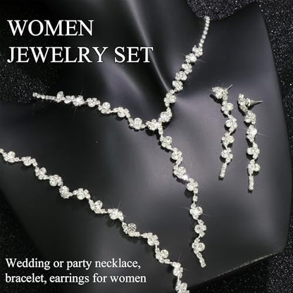 Rhinestone Jewelry Set Crystal Pearl Necklace Bracelet Earrings | Sparkly Necklace Dangle Earrings,Wedding Prom Formal Costume Jewelry Sets for Women - color: Silver3