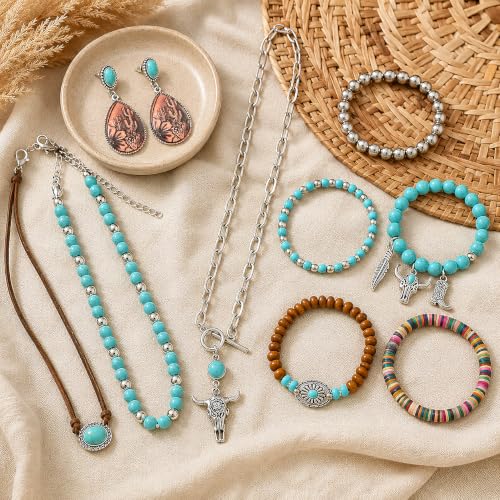 3Pcs Western Turquoise Jewelry Set Necklace Earrings Bracelet | Western Boho Style | Turquoise Beaded | Ox-Head Pendant | Layered Necklace | Faux Leather Cuff | Personalized Gift - color: Color-2