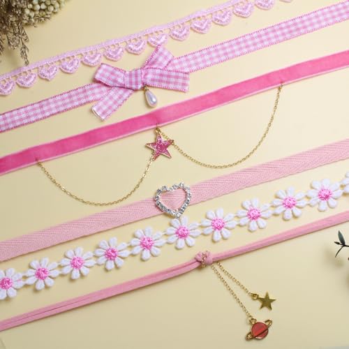 Nova&Aria Chokers Set For Women Heart Choker Necklaces Flower Pendant Velvet Cute Pink Turquoise Blue White Black Choker Necklace Christmas Colorful Lace Chokers - color: Pink-A