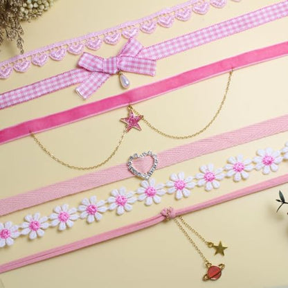 Nova&Aria Chokers Set For Women Heart Choker Necklaces Flower Pendant Velvet Cute Pink Turquoise Blue White Black Choker Necklace Christmas Colorful Lace Chokers - color: Pink-A