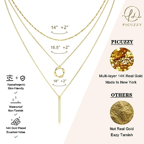14K Gold Silver Plated Layered Necklaces for Women Trendy | Necklaces for Women Trendy, Stackable Dainty Chain Necklace, Beach Cute Fashion Pendant Choker Necklace, Jewelry Set Gifts - color: 3PCS / Bar & Twisted Circle & Wave