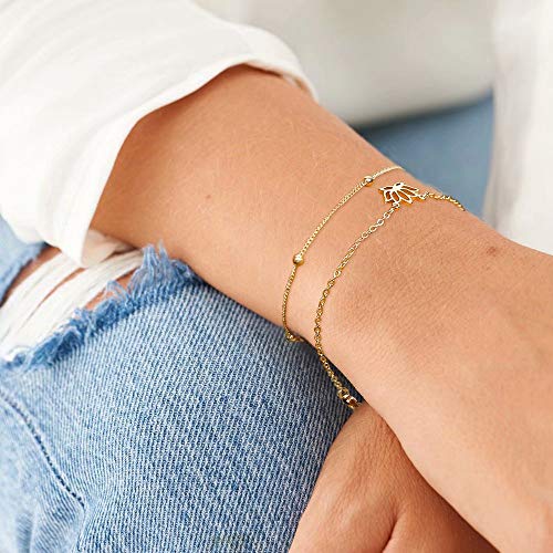 Dainty Gold Bracelets for Women, 14K Gold Plated Adjustable Layered Beads Bracelet Cute Evil Eye Oval Chain Pearl Bar Turtle Gold Bracelets for Women Jewelry - style: Lotus&Beads Chain