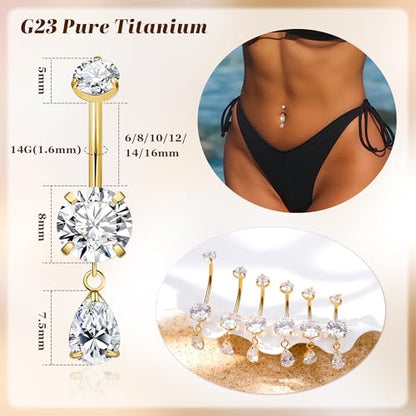 14G G23 Pure Titanium Dangle Belly Button Ring for Women Teardrop Dangling Belly Ring Internally Threaded Barbell Dainty Dangly Navel Ring CZ Belly Piercing Jewelry 6-16MM - color: Gold, size: Bar Length 14mm-Slightly Longer