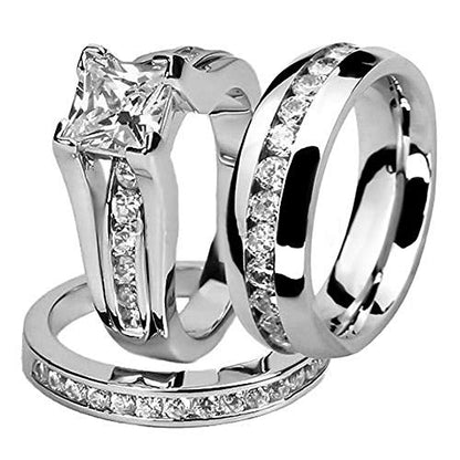 Marimor Jewelry His and Hers Stainless Steel Princess Wedding Ring Set and Eternity Wedding Band - color: White, size: Women's 07 & Men's 08mm 10