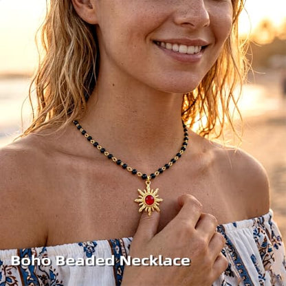 Tgirls Boho Beaded Choker Necklace Opal Bead Necklace Sun Pendant Summer Jewelry for Women - color: Black-opal