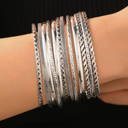 12PCS Sterling Silver Bangle Bracelets for Women Stack Chunky Indian MultiLayer Stackable Textured Boho Simple Delicate Jewelry Set Non Tarnish Birthday Gifts for Women Her