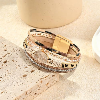 Wrapped Bracelets for Women,Leather Boho Bracelets for Women - color: Beads-Leopard