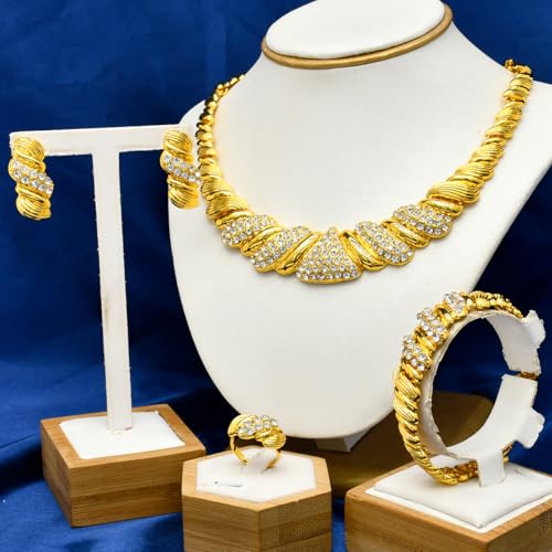 Fashion Crystal Jewelry Set For Women 18 K Gold Plated Jewelry Wedding Bride Dubai Gold Necklace Earrings Bracelet Ring 4 Pieces Set - color: S-709