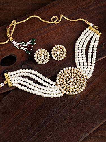 Aheli Pearl Diamond Choker Necklace & Round Earrings Gift for Women Indian Traditional Bollywood Fashion Bharatanatyam jewellery set - color: White 2