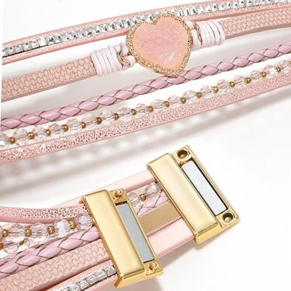 Suyi Multilayer Leather Wrap Bracelet Heart-Shape Wide Bracelets for Women - color: Pink 2