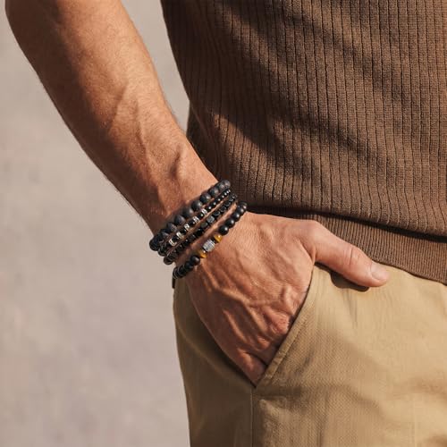 Flybar Men's 4 Piece Beaded Bracelet Set, Natural Lava Stone Black Onyx Matte Agate Tiger Eye, Stretchable Elastic Handmade Stackable - color: MK05 Rock Tiger eye Wood