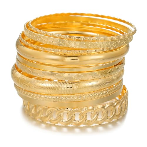 Gold Bangles for Women, 12 Pcs Boho Stackable Bracelets Multi Layer Textured Chunky Bracelets Jewelry Set for Women - color: Style E- 10 pcs gold