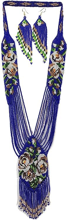 Long Beaded Necklace – Boho Native Handmade Seed Bead Tassel Necklace, Bohemian Large Statement Beaded Necklace for Women - color: Blue/