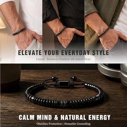 Natural Stone Beaded Bracelet for Men Women Boho Adjustable - color: Obsidian