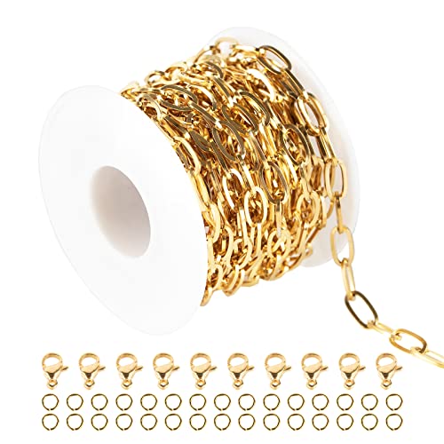 16.4 Feet Gold Plated Link Chain for Jewelry Making Stainless Steel Oval Paperclip Chain Bulk with Jump Rings Lobster Clasps for Jewelry Bracelet Necklace Choker Making Supplies - color: Gold Oval