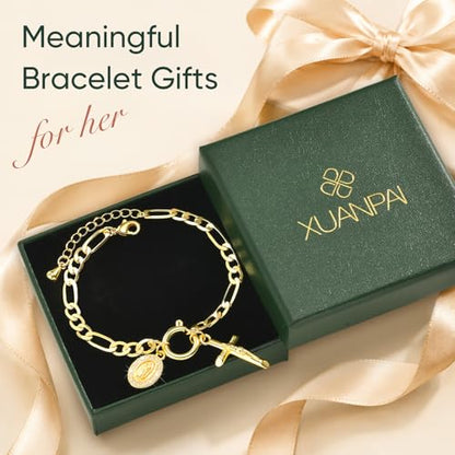 XUANPAI Virgin Mary Cross Bracelet for Women,14K Gold Plated Chain Bracelet,Virgen de Guadalupe Catholic Link Bracelet with Crucifix Charm, No Tarnish Religious Jewelry Gift for Baptism Confirmation - color: Gold-Figaro Chain