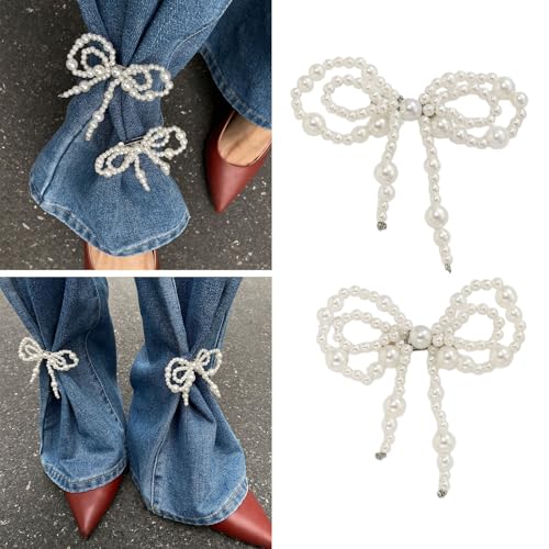 Faux Pearls Bow Pin Ankle Chain Pants Clip Decorations for Jeans Trousers Elegant Adjustable Cuff Accessories