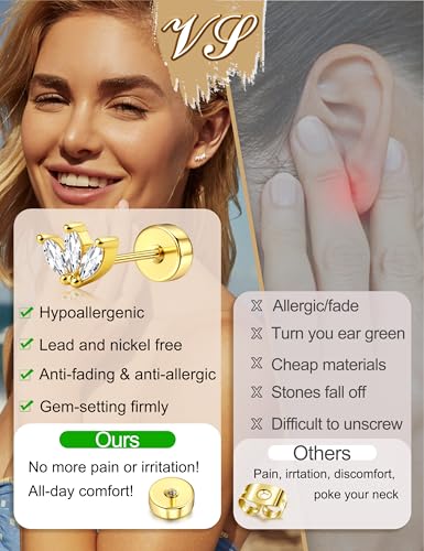 925 Sterling Silver Flat Back Stud Earrings for Women Hypoallergenic | 14K Gold Plated Cartilage Earrings for Sensitive Ears | Leaf Flower CZ Helix Tragus Piercing Jewelry - color: Gold-7cz