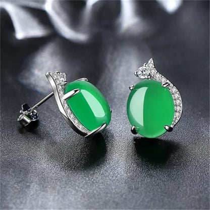Jade Oval Stud Earrings for Women Good Luck Handmade Earrings Dainty Green Birthstone Crystal Earrings Unique Minimalism Jewelry Gift for Birthday Anniversary - color: Green