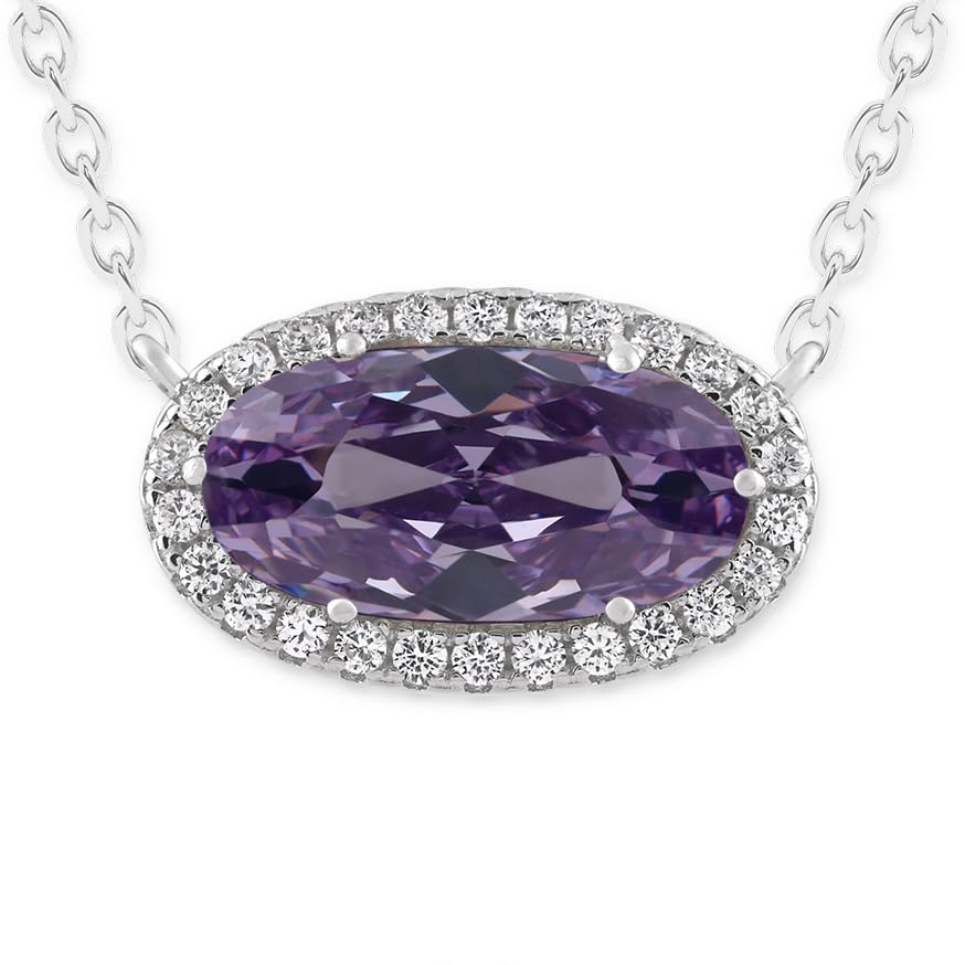 Belacqua Gemstone Necklace in Sterling Silver,Halo Pendant with Accent, Oval Cut 6 * 12mm, 15" Cable Chain with 2" Extender, Spring Ring Clasp, Dainty Birthstone Necklace for Women, Gift Box Included - color: 06-June-Alexandrite Light Purple