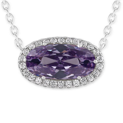 Belacqua Gemstone Necklace in Sterling Silver,Halo Pendant with Accent, Oval Cut 6 * 12mm, 15" Cable Chain with 2" Extender, Spring Ring Clasp, Dainty Birthstone Necklace for Women, Gift Box Included - color: 06-June-Alexandrite Light Purple