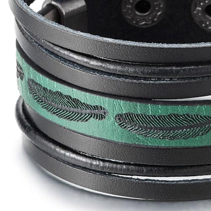 COOLSTEELANDBEYOND Men’s Black and Green Leather Cuff Bracelet, Feather Engraved Layered Wristband, Boho Fashion Jewelry Gift for Him