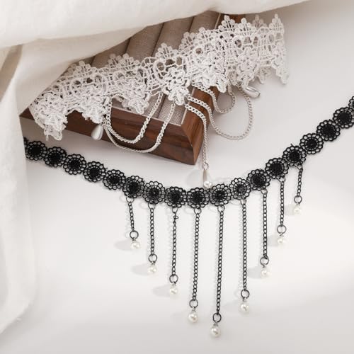 Lace Choker Necklace for Women Gothic Pearl Pendant Necklace Halloween Cosplay Jewelry - color: Black