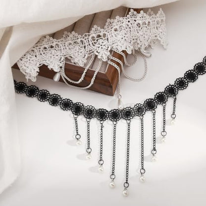 Lace Choker Necklace for Women Gothic Pearl Pendant Necklace Halloween Cosplay Jewelry - color: Black