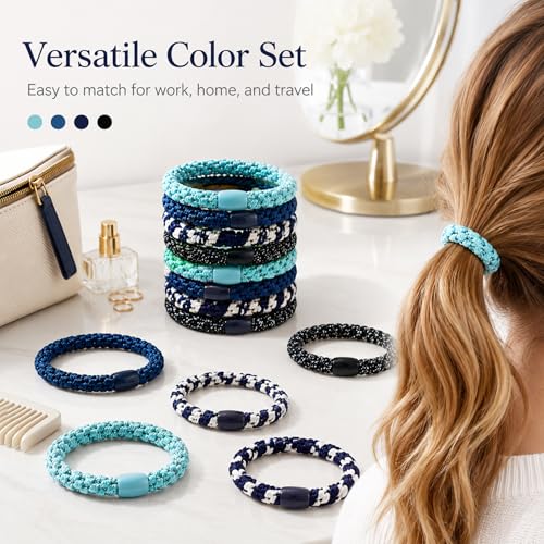 10-Piece Hair Ties: Soft Knitted Hair Tie for Thick/Coarse/Curly Hair. Gentle Hair Ties No Damage—Secure & Protect Strands (Black-blue) - color: Black-blue