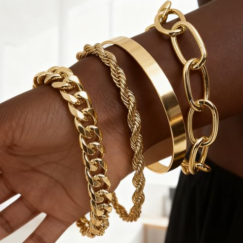 Gold Bracelets for Women, 5 Pcs Non-Tarnish Gold Plated Stackable Bangles with Beaded, Knot, Twisted, Cuff & Chain Designs, Everyday Jewelry Gifts - color: Gold-4pcs