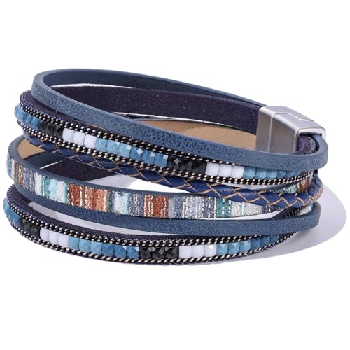 Boho Leather Wrap Bracelets Beaded Stackable Cuff Bracelet Country Concert Outfits Cowboy Cowgirl Western Jewelry Gifts for Women - color: 2layer-Blue