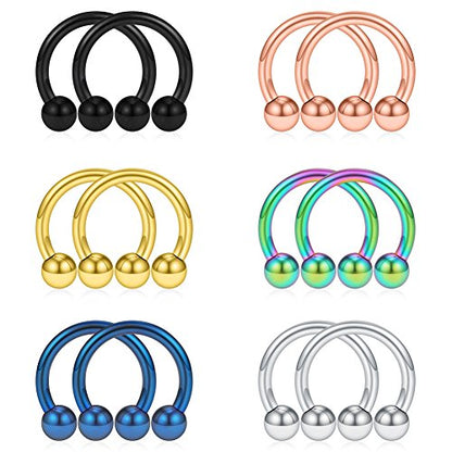 SCERRING 12PCS 10-14mm Stainless Steel Nose Horseshoe Hoop Rings Eyebrow Lip Ear Tragus Septum Piercing Hanger Retainer 16G 14G 12G - style: 12G - Inner Dia. 12mm