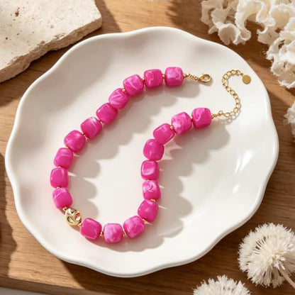 Chunky Beaded Necklace for Women,Square Resin beads boho Choker Necklace with gold-tone spacers,Fashion Trendy Summer Beach Party Necklaces Handmade Surfer Beach Necklaces Jewelry Gifts - color: Magenta