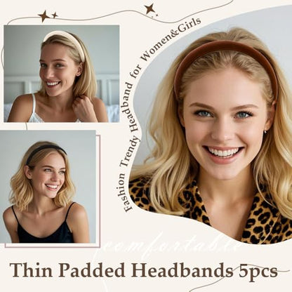 Aprince Padded Headbands for Women 5Pcs, Neutral Headband Non-slip, Thin Headbands with Soft Fabric, Comfortable Brown Headband, Head Bands for Women’s Hair, Plain Elastic Hairbands Fashion