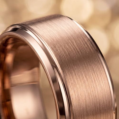 Tungsten Wedding Band Ring Black 10mm Men Women Comfort Fit 18k Rose Gold Step Edge Brushed Polished - color: Rose Gold Tungsten