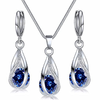 IFKM Silver Jewelry Sets for Women Rhinestone Crystal CZ Bridal Bridesmaid Accessories Necklace Earrings set for Wedding Prom Anniversary Birthday Gifts - color: Dark Blue