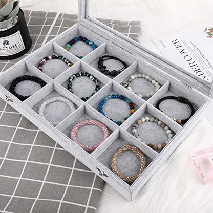 Emibele Jewelry Organizer Bracelet Storage Tray Box, 12 Grids Jewelry Tray with Clear Lid Velvet Jewelry Box for Necklace Bracelets Bangles Display Storage Organizer Box, Grey - style: J2- 12 Grids with Lid
