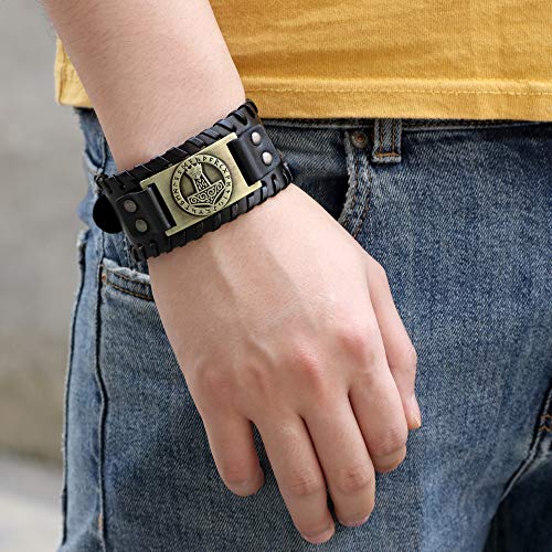 GelConnie Viking Bracelet Punk Leather Cuff Bracelet Gothic Leather Wristband Bracelet with Nordic Amulet Scandinavian Talisman Celtic Pagan Jewelry - color: Black Mjolnir