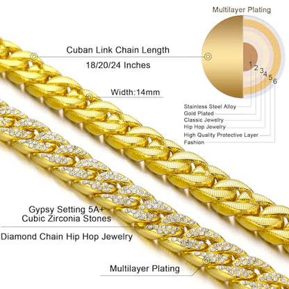 Saintda Iced Out Cuban Link Chain Necklace Bracelet Set for Men | 14mm Cuban Link Necklace Bracelet Jewelry Set Diamond Iced Out Mens Bling Thick Necklaces Chains - color: Gold-W:14MM-THK:5MM, size: 20inch